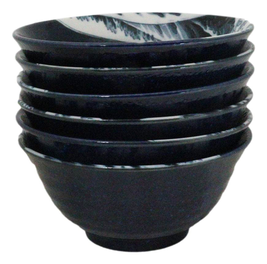 Set Of 6 Blue Japanese Hokusai Great Wave 6" Porcelain Soup Rice Tayo Bowls 19oz