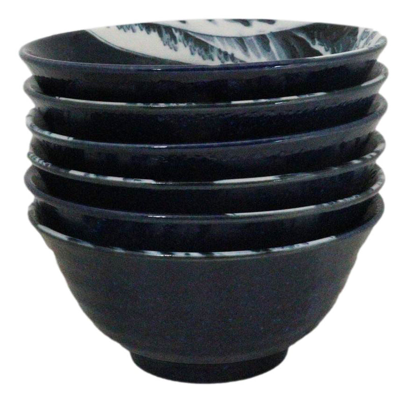 Set Of 6 Blue Japanese Hokusai Great Wave 6" Porcelain Soup Rice Tayo Bowls 19oz