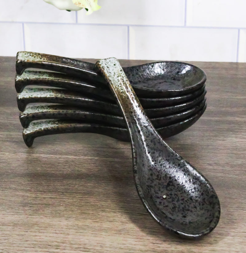 Pack of 6 Charcoal Grey Tone Hakumu Ceramic Asian Soup Spoons With Hook 5.75"L