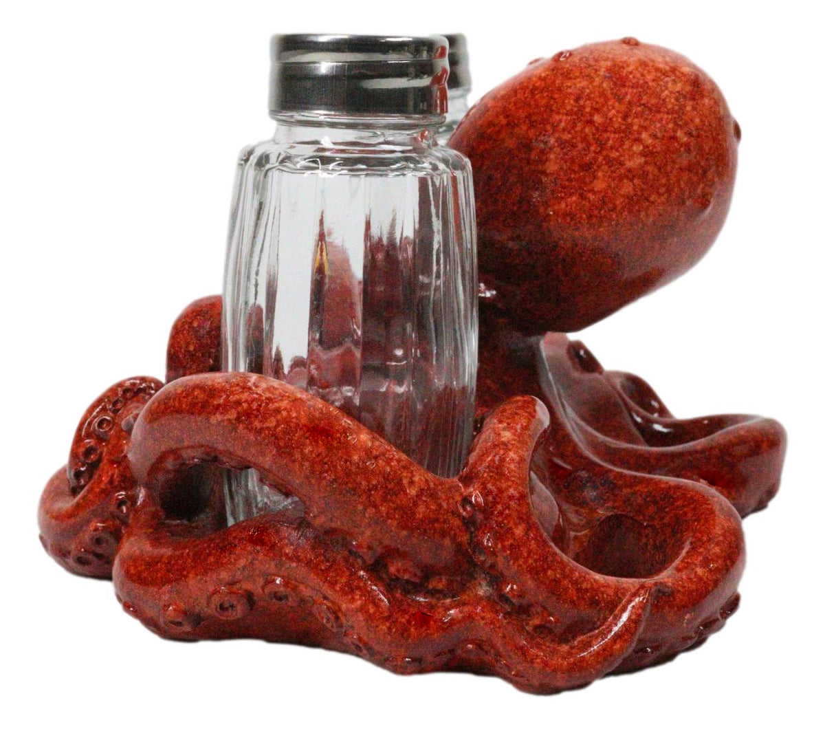 Red Spotted Nautical Marine Cephalopod Octopus Salt Pepper Shakers Holder Set