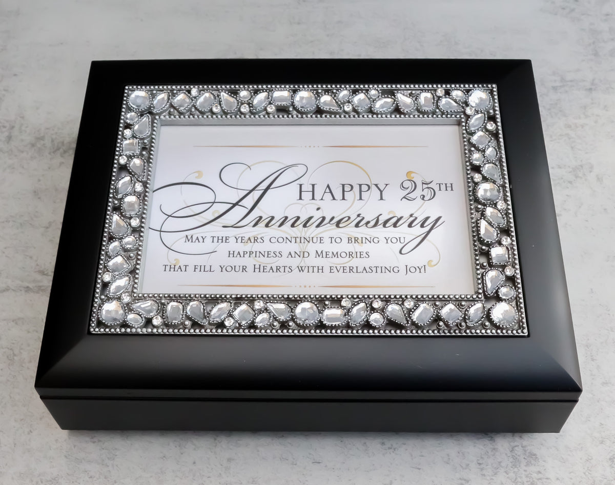 Happy 25th Anniversary Burlwood With Crystals & Silver Motif Musical Trinket Box