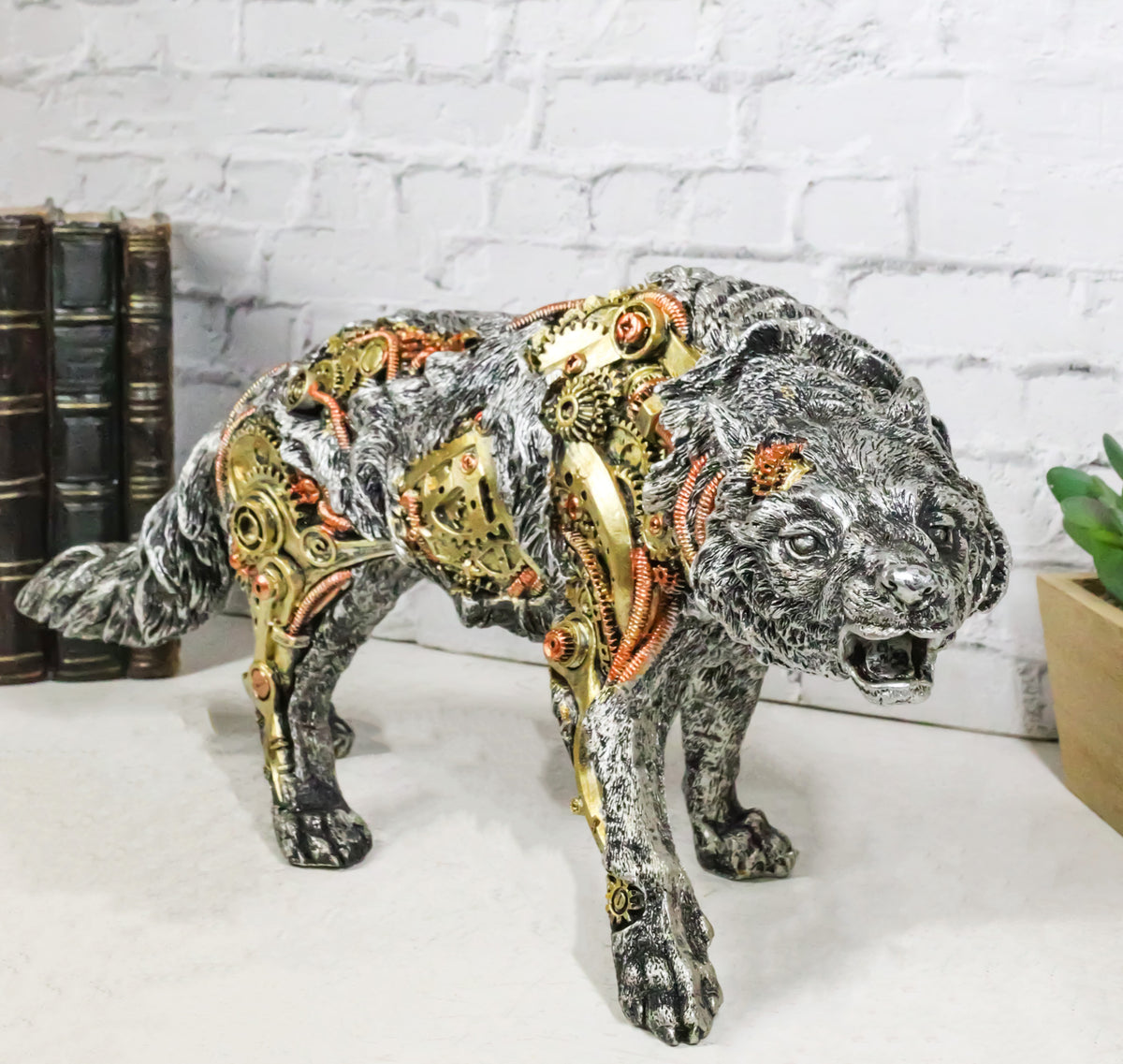 Sci Fi Prowling Steampunk Robotic Wolf With Sculpted Gearwork Clockwork Figurine