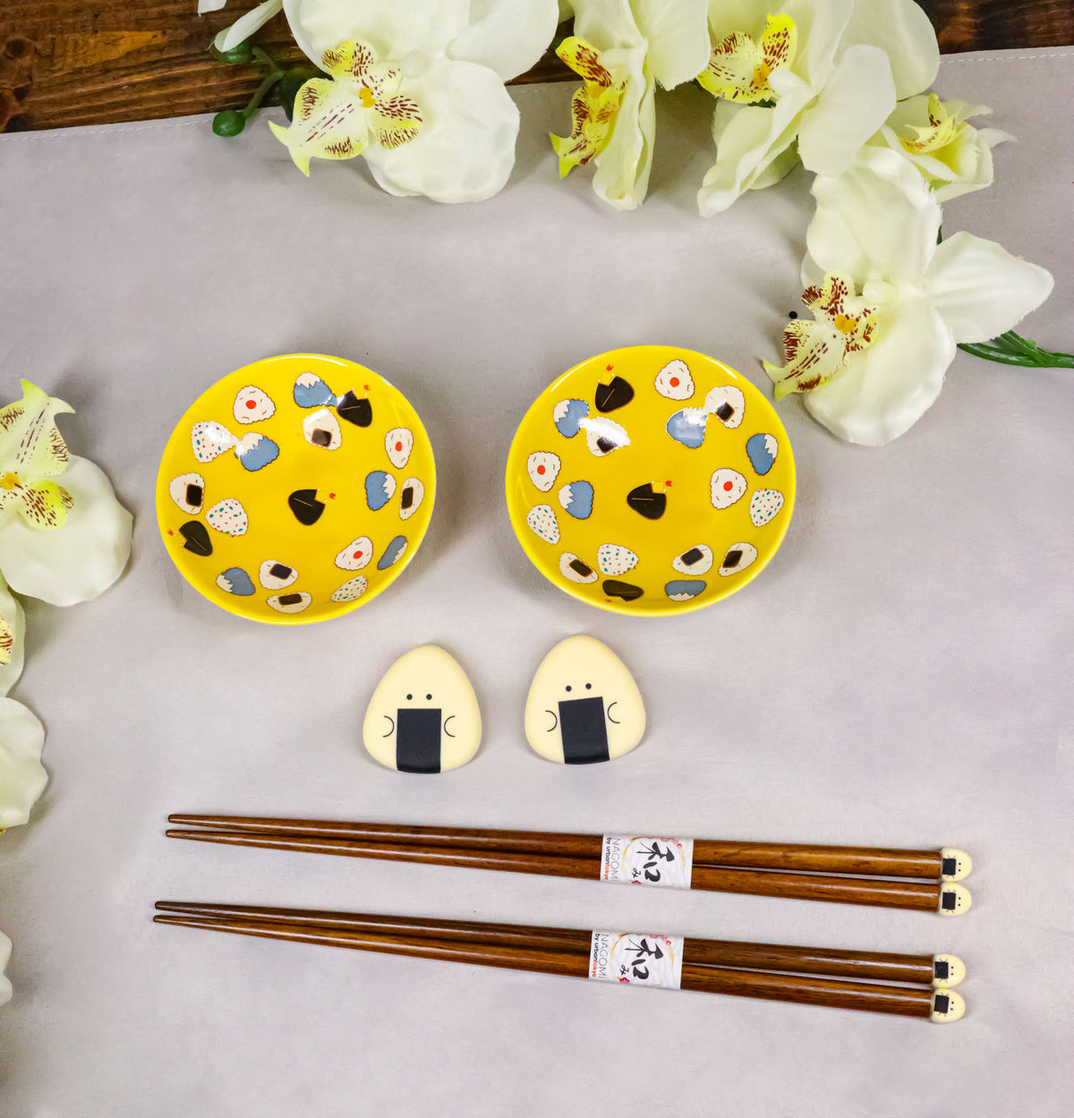 Onigiri Rice Balls Yellow Sauce Dishes Chopsticks And Rests Sushi Set For 2