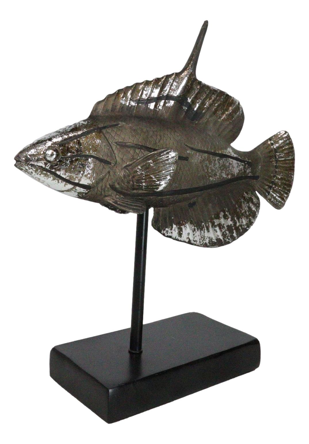 Nautical Marine Silver Tone Lyretail Anthias Fish Sculpture With Pole Stand Base