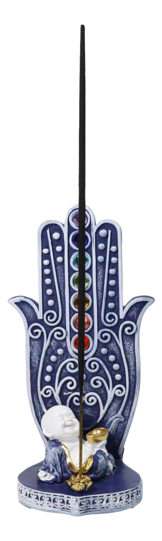 Ebros Blue Buddha Monk Hamsa Hand 7 Chakra Gemstone Incense Burner 6"H