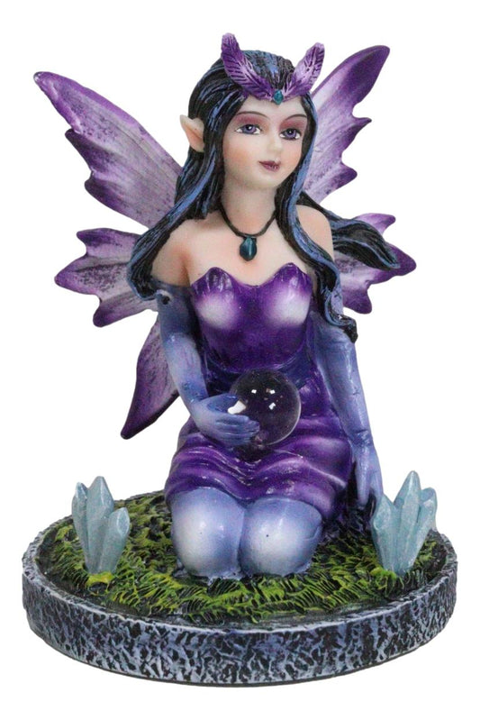 Kneeling Purple Lavender Night Fairy With Crystal Ball On Garden Mini Figurine - Ebros Gift