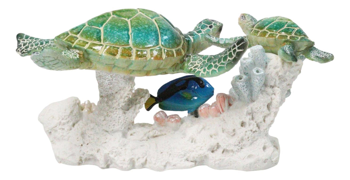 Green Sea Turtles Family Swimming By Coral Reef Sea Anemone Blue Fish Figurine