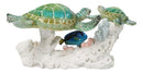 Green Sea Turtles Family Swimming By Coral Reef Sea Anemone Blue Fish Figurine