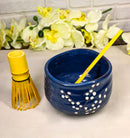 Navy Blue Sakura Blooms Ceramic Japanese Matcha Green Tea Bowl Whisk & Scoop Set