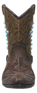 Rustic Western Turquoise Rocks Cross Faux Leather Cowgirl Boot Vase Figurine