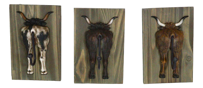 Set of 3 Rustic Western Steer Bulls Hind Butt Coat Wall Hooks With Wooden Plaque