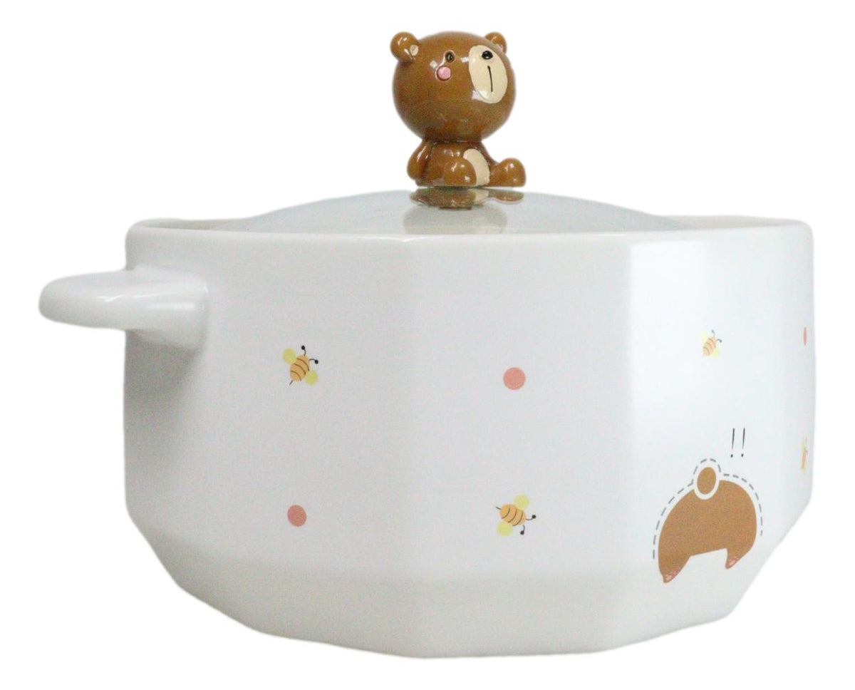 Ceramic Whimsical Honey Bees Bear 30oz Noodle Dessert Food Bowl W/ Glass Lid - Ebros Gift