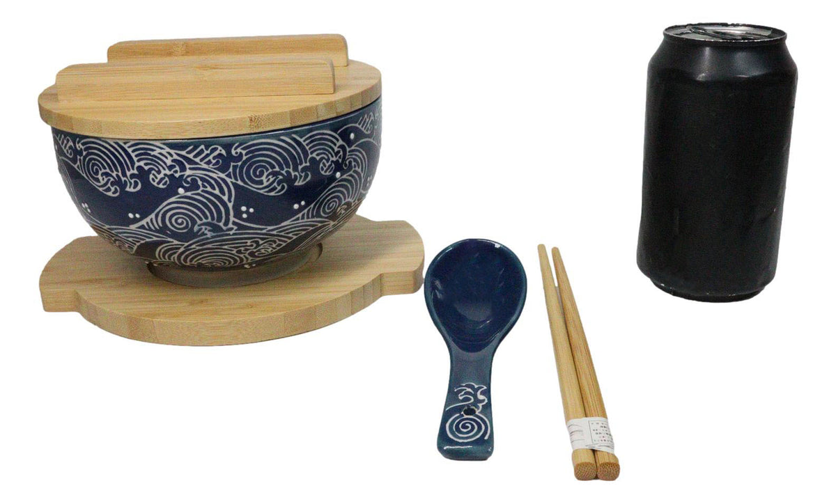 Blue Nami Waves Surf Donburi Ramen Bowl With Lid Trivet Spoon Chopsticks Set
