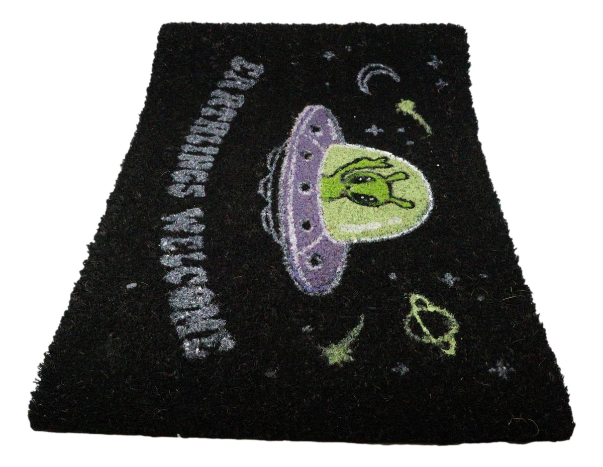 Ebros Earthlings Welcome Alien UFO Spaceship Black Coir Doormat 24 x 16 Inches