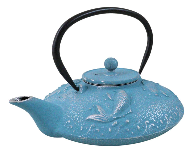 Turquoise Blue Auspicious Koi Fishes Cast Iron Tetsubin Teapot With Enamel Liner