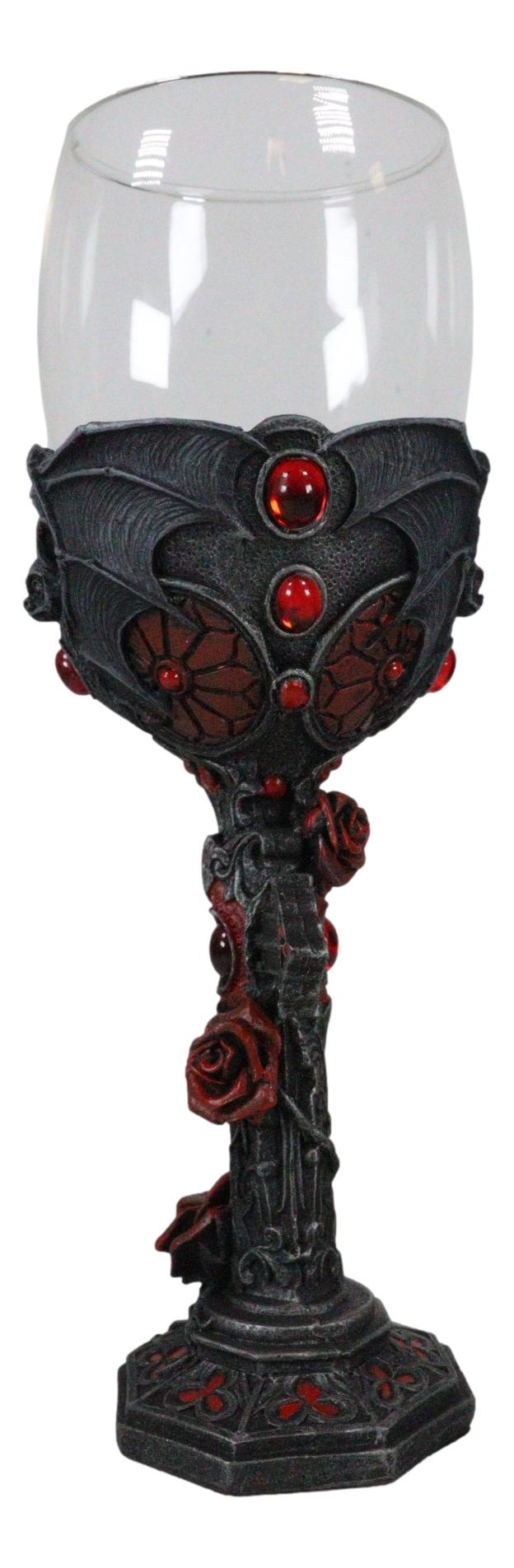 Gothic Macabre Flying Bat Cathedric Cross With Red Gems And Roses Wine Goblet
