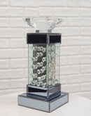 Modern Chic Beveled Floating Crystals Glass and Metal Pillar Candle Holder 11"H