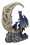 Blue Dragon With Baby Wyrmling Perching On Bone Skull Crescent Moon Figurine