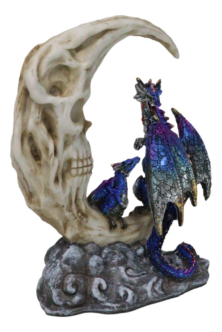 Blue Dragon With Baby Wyrmling Perching On Bone Skull Crescent Moon Figurine
