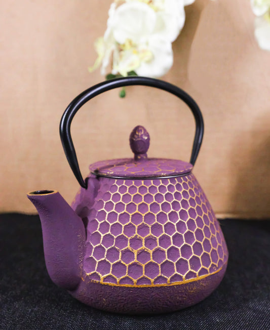 Traditional Oriental Tetsubin Purple Honeycomb Design Cast Iron Teapot 32oz