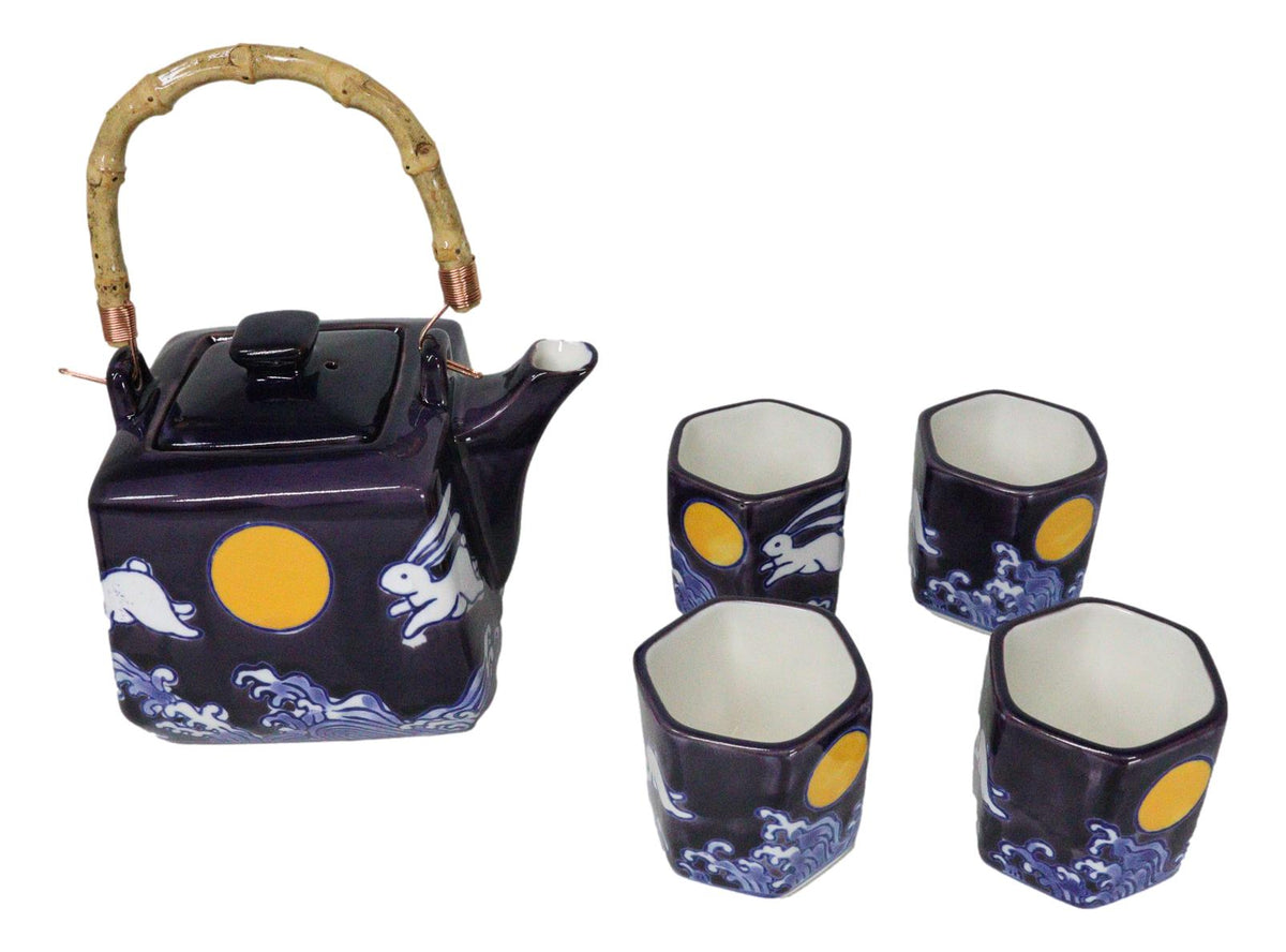 Purple Blue Night Moon White Rabbit Ceramic Hexagonal Teapot With 4 Tea Cups Set