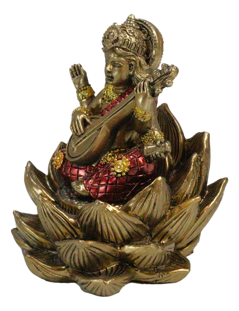 Hindu Deity Goddess Saraswati With Veena Guitar On Lotus Flower Mini Figurine