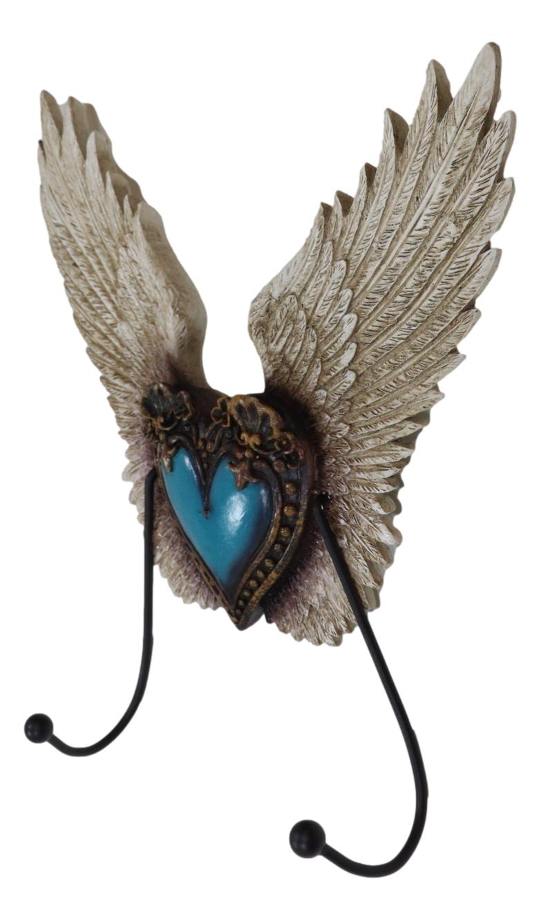 Rustic Western Turquoise Heart Le Fleur Angel Wings Wall Double Hooks Sculpture - Ebros Gift