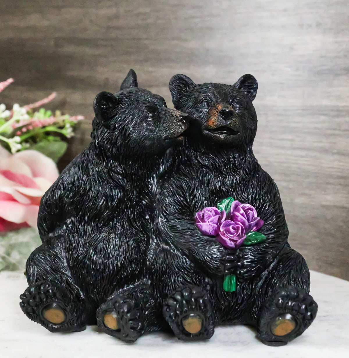 Rustic Forest Whimsical Cuddling Black Bear Couple with Flower Bouquet Figurine
