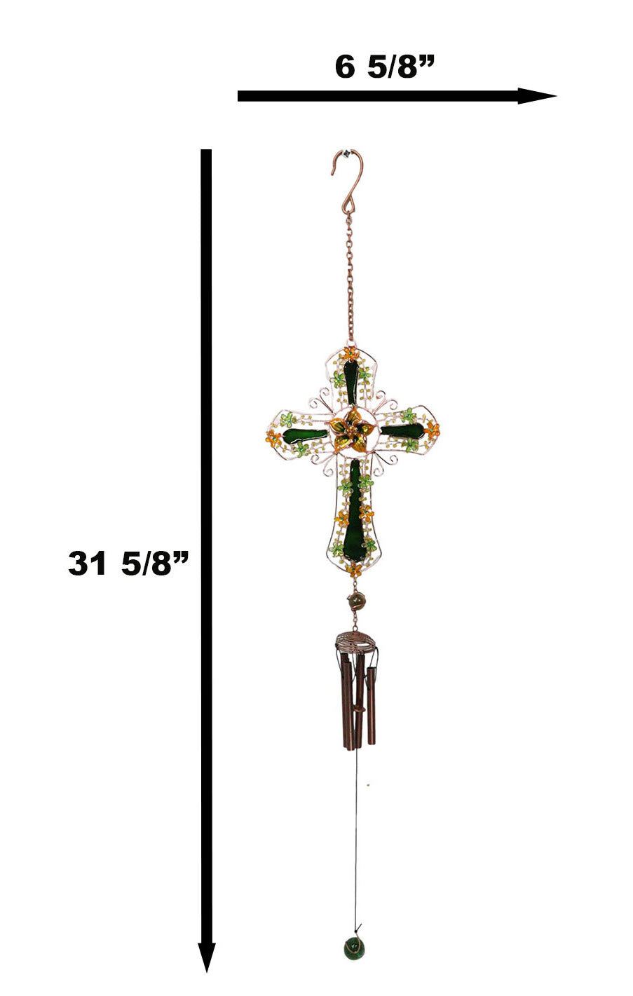 Green Floral Shamrock Cross with Gemstones Metal Scroll Filigree Wind Chime 31"H