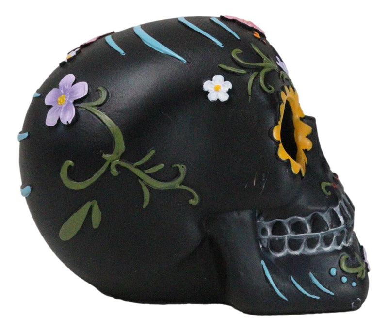 Black Day of The Dead Colorful Sunflowers Floral Blooms Sugar Skull Figurine