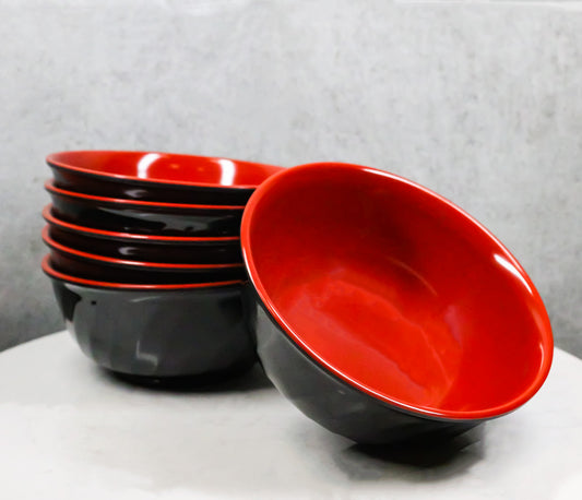 Set Of 6 Red And Black Round Ridged Pasta Soup Salad Rice Melamine Bowls 7"D
