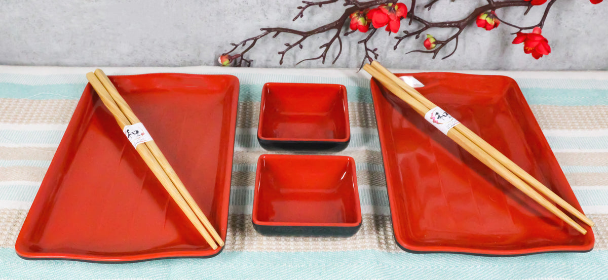 Red Black Melamine Wavy Sushi Plates Sauce Dishes And Chopsticks Set Serves 2