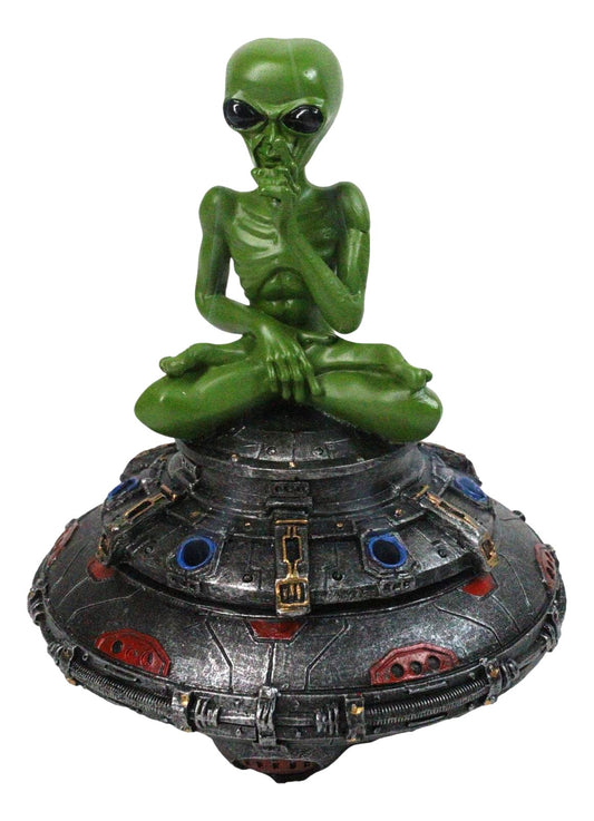 Green Roswell Alien On Spaceship Saucer Incense Burner Decorative Box Figurine