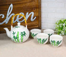 Green Bamboo Forest Porcelain 30oz Teapot With Bamboo Handle And 4 Tea Cups Set