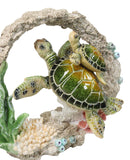 Green Sea Turtle Mother and Hatchling Swimming by Coral Reef Overhang Figurine