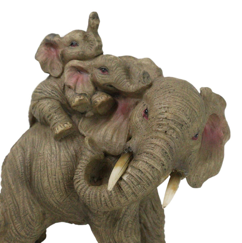 Safari Savanna Whimsical Elephant Father And 2 Calves On Piggyback Figurine 5"H