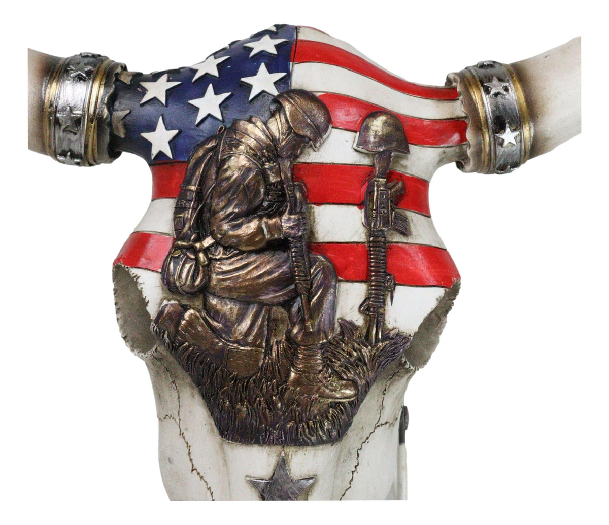 Western Patriotic USA Flag Helmet Rifle Soldier Memorial Cow Skull Wall Decor - Ebros Gift