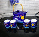 Blue Mount Fuji With Full Moon Ceramic Hexagonal Teapot With 4 Tea Cups Set
