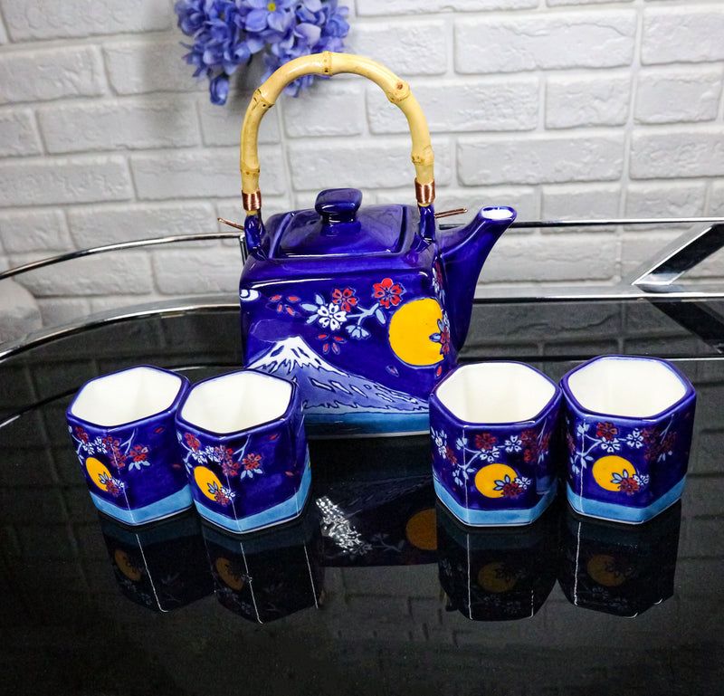 Blue Mount Fuji With Full Moon Ceramic Hexagonal Teapot With 4 Tea Cups Set