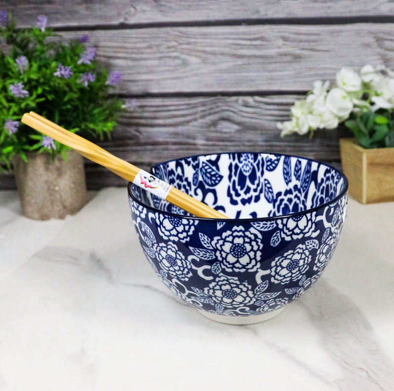Blue Botanica Floral Blossoms 20Oz Donburi Ramen Soup Bowl With Chopsticks Set