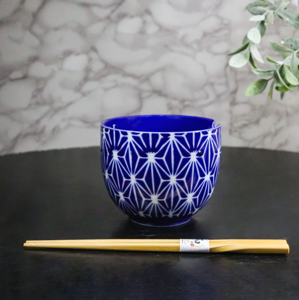 Asanoha Geometric Blue And White Donburi Ramen Soup Bowl With Chopsticks