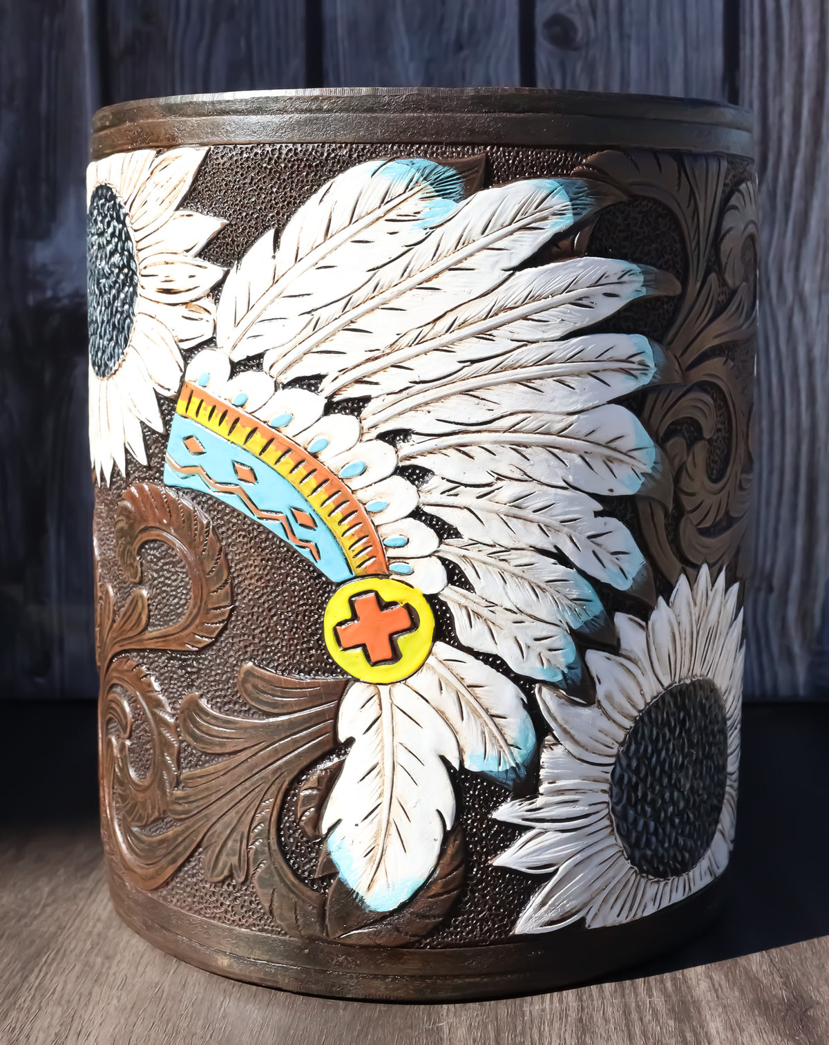 Western American Indian Chief Headdress Eagle Feathers Waste Basket Trash Bin