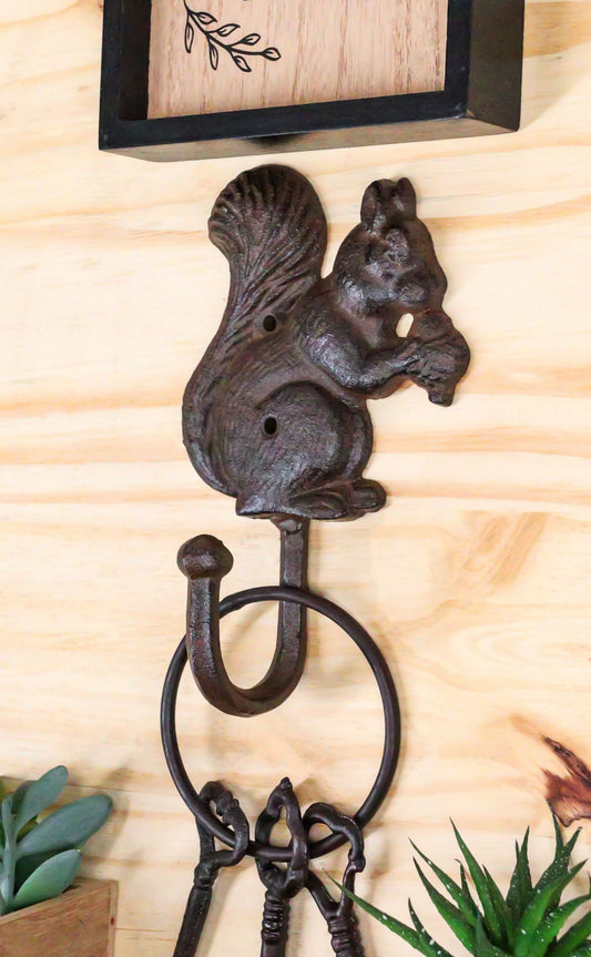 Rustic Western Cast Iron Tree Squirrel With Acorns Wall Coat Hooks Sculpture