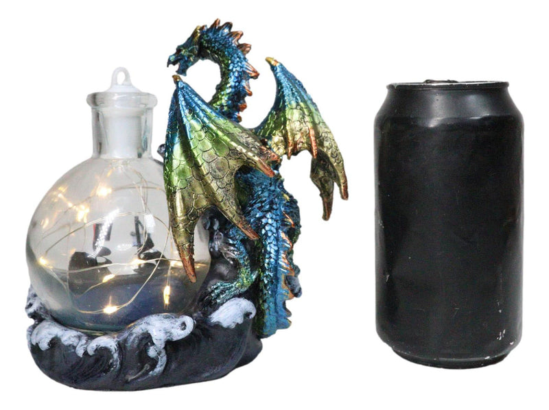 Metallic Sea Dragon Rising Above Waves by LED Glass Bottle With Ship Figurine
