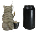 Lifelike Grey Tabby Cat Sitting by Pail of Fishes And Pole Fishing Figurine