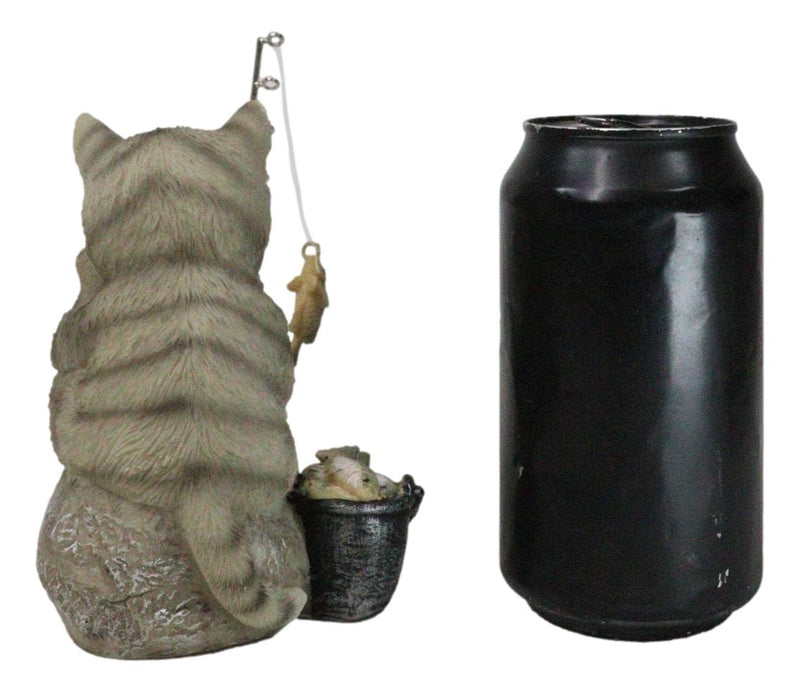 Lifelike Grey Tabby Cat Sitting by Pail of Fishes And Pole Fishing Figurine