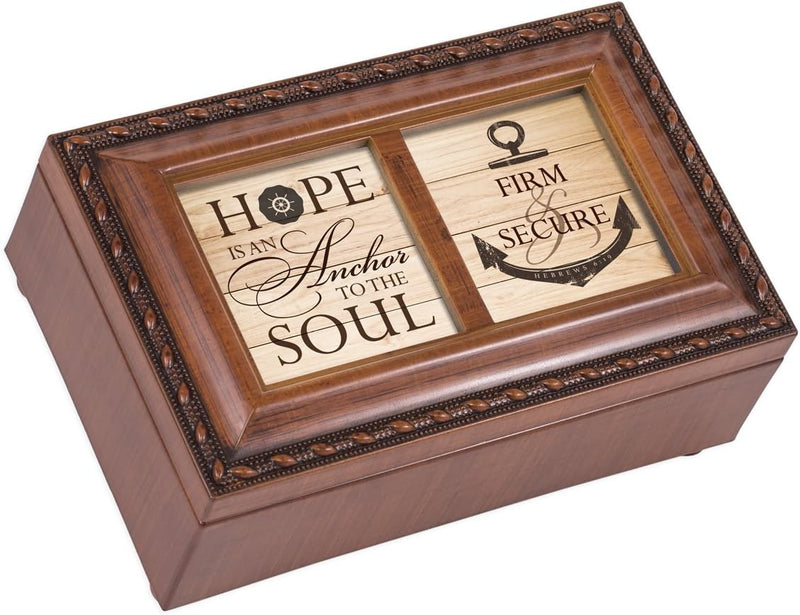 Hope Is An Anchor To The Soul Polished Rope Trimmed Burlwood Musical Trinket Box