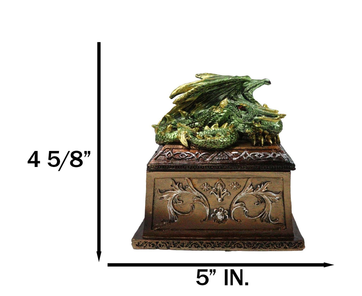 Medieval Fantasy Metallic Green Dragon Decorative Trinket Treasure Box Figurine
