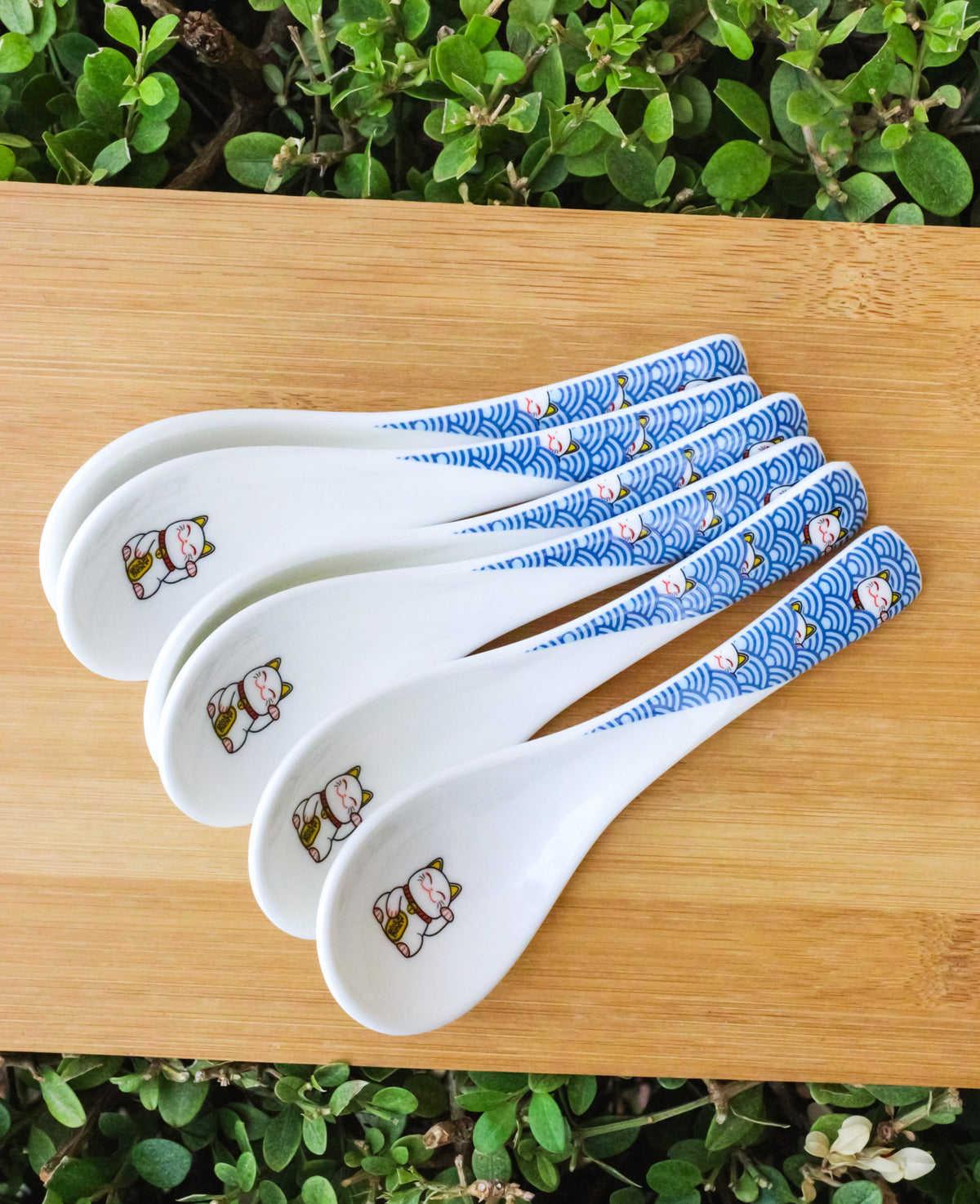 Set of 6 Lucky Cat Maneki Neko Porcelain Asian Soup Spoons Japanese Ramen Pho