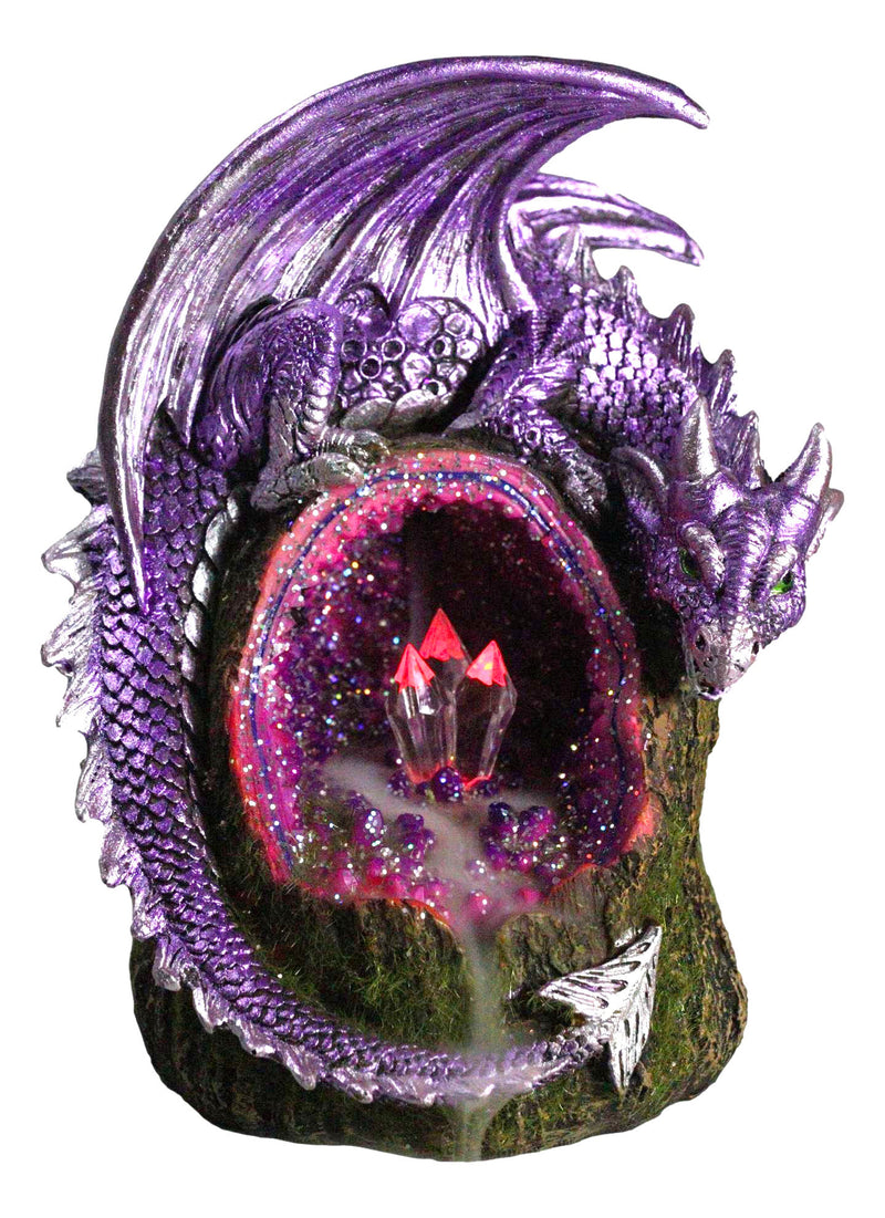 Fantasy Purple Moon Crater Dragon On Faux Geode Crystal Cove LED Light Figurine